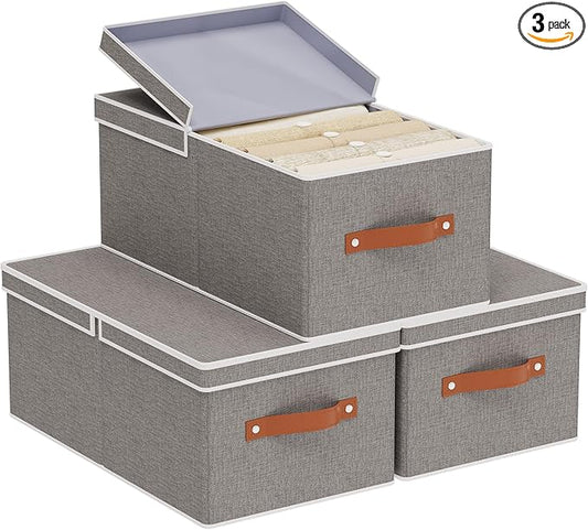 3-Pack Storage Boxes, Foldable Blanket Basket with Detachable Lid, Linen Closet 0rganizers with Double Handles, Collapsible Cubes for Organizing, Grey, 18.5 x 11 x 7.9 in-NeatNest