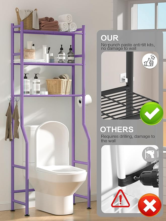 3-Tier Over The Toilet Storage, Space Saver Metal Bathroom Shelves, Freestanding Above Over Toilet Storage Shelf with 4 Hooks for Bathroom, Purple-NeatNest