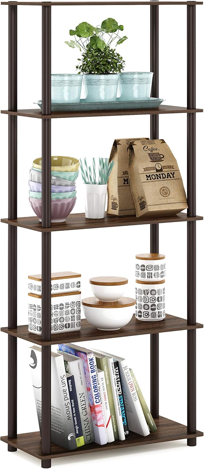 Furinno Turn-N-Tube 5-Tier Multipurpose Shelf / Display Rack / Storage Shelf / Bookshelf, Round Tubes, Walnut/Brown-NeatNest