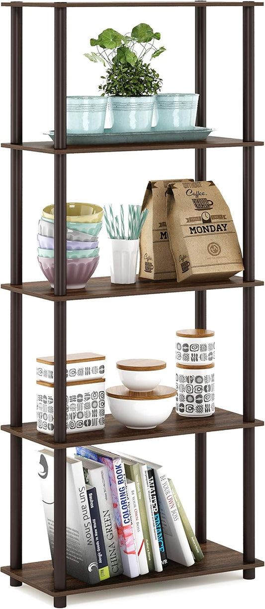 Furinno Turn-N-Tube 5-Tier Multipurpose Shelf / Display Rack / Storage Shelf / Bookshelf, Round Tubes, Walnut/Brown-NeatNest