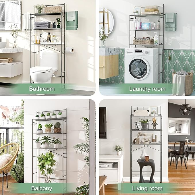 3-Tier Over The Toilet Storage Rack, Freestanding Bathroom Shelves Organizer with Hooks and Toilet Paper Holder, Space Saver Metal Shelf for Small Bathroom, Grey