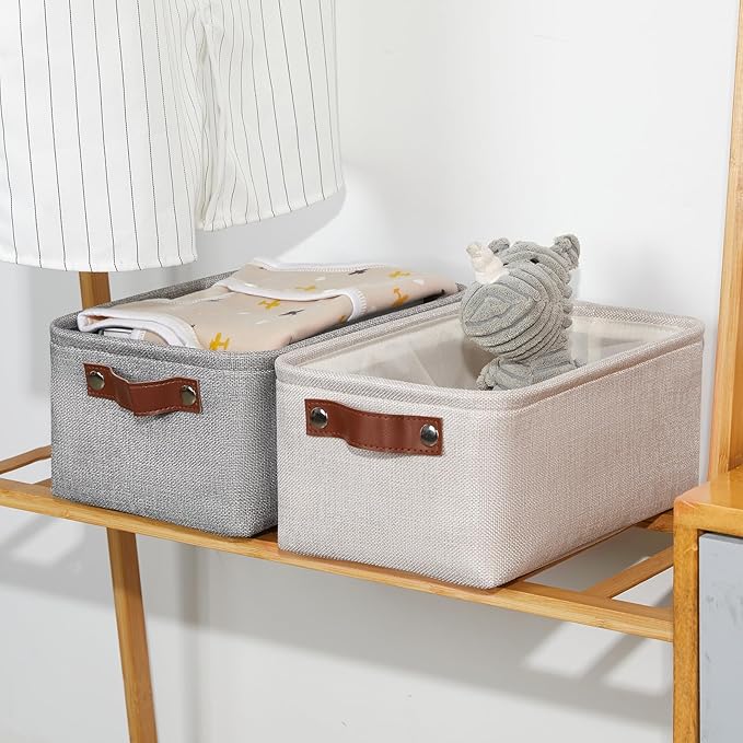 DULLEMELO Small Storage Basket for Shelves, Small Fabric Collapsible Rectangular Storage Bin for Shelves, Closets, Nursery, Home, Office, Empty Gift Basket (Beige)-NeatNest