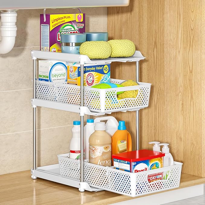 3 Tier Bathroom Organizers and Storage, UPGRADE WIDER BOLDER, Pull Out Under Sink Organizer with Dividers, Kitchen Pantry Organizers and Storage, Bathroom Storage Cabinet - White-NeatNest