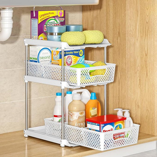 3 Tier Bathroom Organizers and Storage, UPGRADE WIDER BOLDER, Pull Out Under Sink Organizer with Dividers, Kitchen Pantry Organizers and Storage, Bathroom Storage Cabinet - White-NeatNest