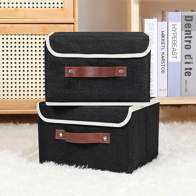 ANMINY 2PCS Storage Bins with Lid PU Leather Handles Storage Boxes PP Plastic Board Decorative Foldable Lidded Cotton Linen Fabric Home Cubes Baskets Closet Organizer Containers - Black, Small Size-NeatNest
