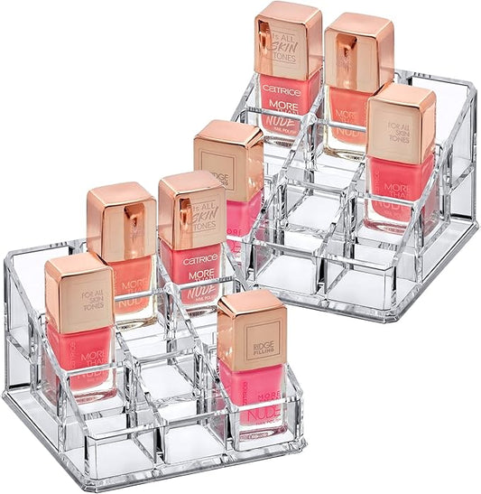Amazing Abby - Glamour - 2-Pack 9-Slot Acrylic Nail Polish Organizer, Lipstick Holder, Lip Gloss Organizer, Cosmetic Storage Display, Perfect Storage Solution for Drawer, Vanity, Bathroom, and More-NeatNest