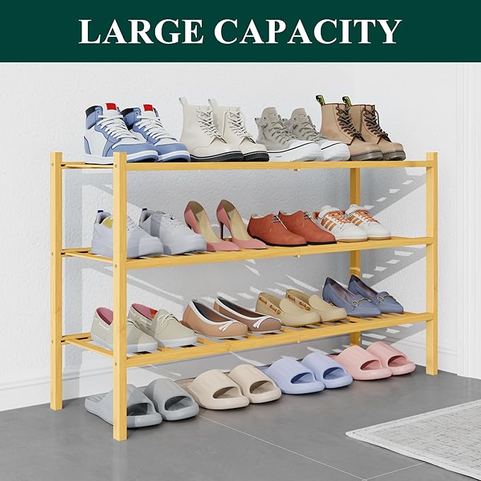 Smiry Bamboo Shoe Rack for Closet, 3 Tier Long Wooden Stackable Shoe Organizer, Free Standing Shoes Storage Shelf for Entryway, Front Door Entrance, Natural-NeatNest