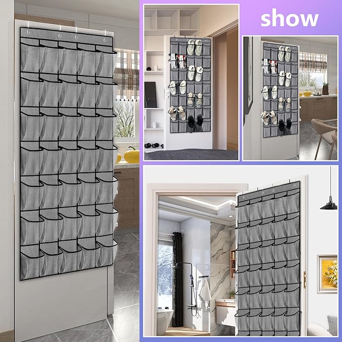 35 Large Pockets Over the Door Shoe Organizer, Extra Sturdy Oxford Fabric Hanging Shoe Rack for Door Closet, Wall Mesh Shoe Storage Holder for Mens Women Shoes (Grey)-NeatNest