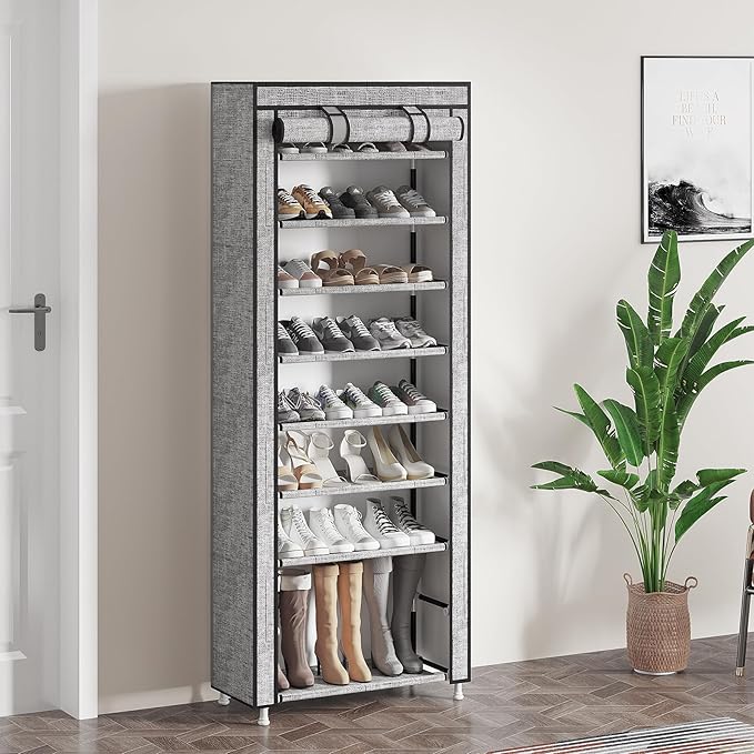 Calmootey 9 Tier Shoe Rack Organizer,Portable Shoe Shelf with Nonwoven Fabric Cover for Closet Hallway,Bedroom,Entryway, Ash Grey-NeatNest