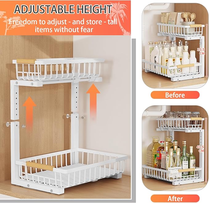 2 Tiers Under Sink Organizers, 2 Pack Metal Kitchen Storage Shelf, Pull Out Sink Storage Rack, Multi-purpose Under Sink Shelf Organizer for Under Sink Cabinet Bathroom Kitchen (White)-NeatNest