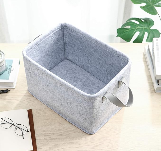 Collapsible Storage Bins Foldable Felt Fabric Storage Basket Organizer Boxes Containers with Handles PU Handles for Nursery Toys,Kids Room,Clothes,Towels,Magazine (PU-Light grey, 15.9L×11W×9.8H)-NeatNest