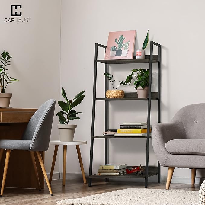 CAPHAUS 4 Tier Ladder Bookshelf, 24 Inch Width Free Standing Shelf, Bookcase Shelf Storage Rack Organizer, Industrial Book Shelves for Home Office, Living Room, Kitchen, Black Wooden Shelves-NeatNest