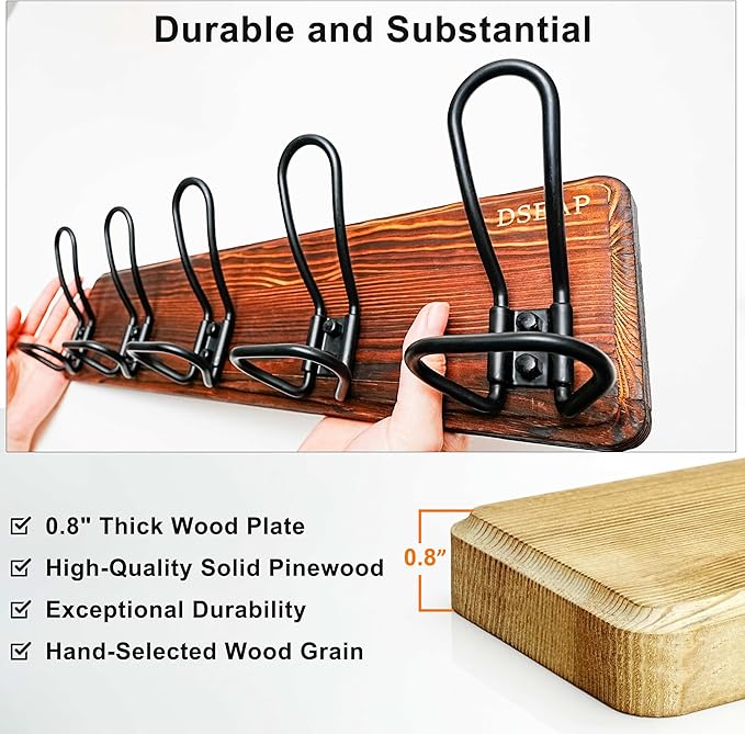 Dseap Coat Rack Wall Mounted - Heavy Duty Farmhouse Rustic Wall Coat Hanger With 5 Wire Hooks for Clothes Hat Jacket Towel, RusticWire, G25A, Black-NeatNest
