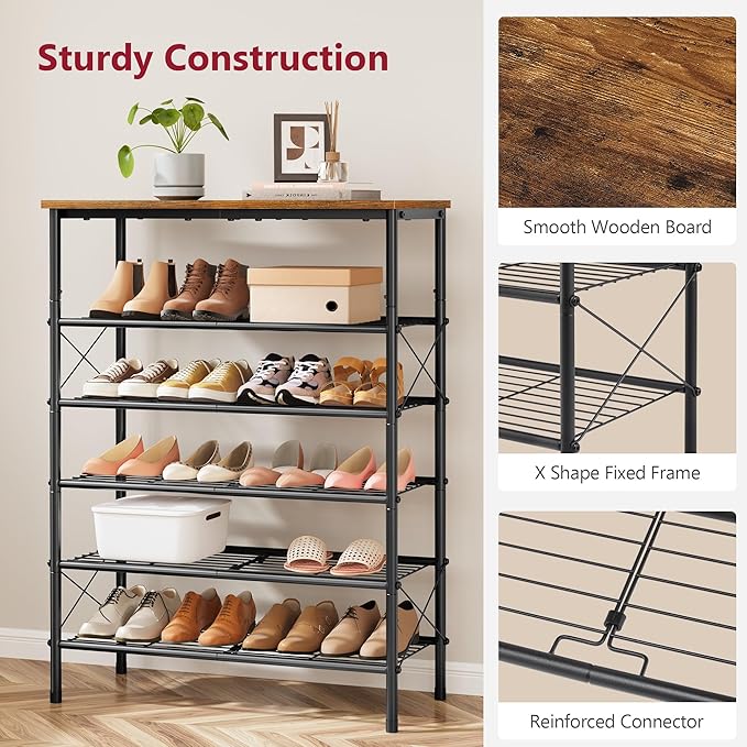 Tajsoon 6 Tier Free Standing Shoe Rack for 20-24 Pairs, X Shape Fixed Frame Metal Mesh Shoe Rack for Closet, Rustic Brown & Black-NeatNest