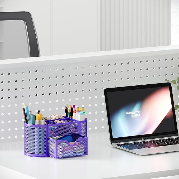 EasyPAG Mesh Desk Organizer, Multi-functional Stationery Organizer for School Supplies, Office Pen Holder for Desk, 9 Compartments Dorm Organization with Drawer, Purple