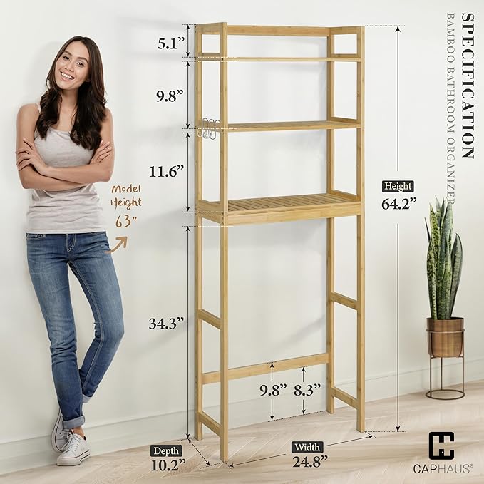 CAPHAUS Over The Toilet Storage Rack, 3-Tier Bamboo Bathroom Organizer Shelf Rack with Adjustable Feet &Hooks, Freestanding Toilet Shelf, Bathroom & Laundry Organizer, Balcony Plant Stand, Natural-NeatNest