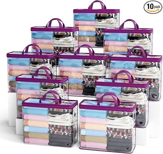 10PACK Clear Zippered Storage Bags for Clothes, 22L Clear Storage Bag, and Blanket Storage Bags for Bedding, Linen, Blankets, Comforters, Clothing & Toys (Purple)-NeatNest