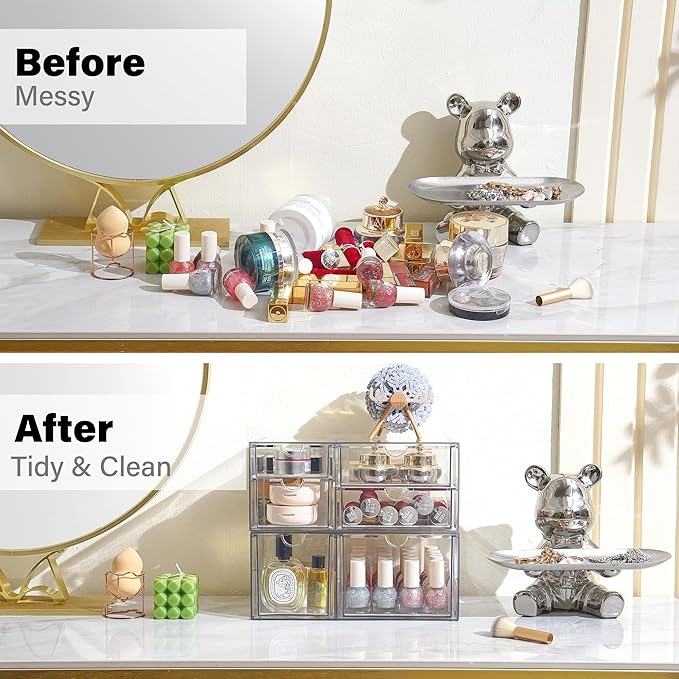 Prsildan Acrylic Drawer Makeup Organizer with 6 Drawers, Set of 2 Office Desk Organizers Accessories, Clear Stackable Storage Drawers for Vanity, Craft, Not for Baby Bottle (Largest Drawer 4" Tall)-NeatNest