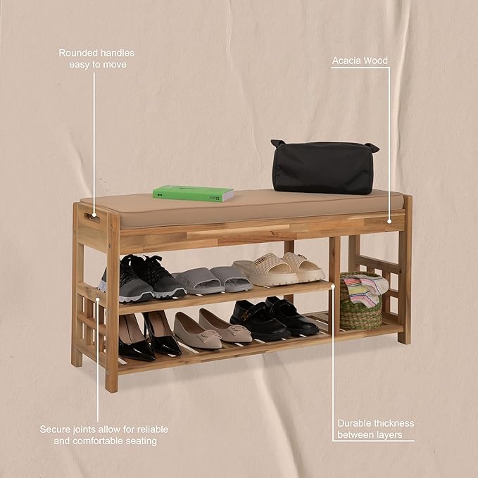 Wooden Shoe Rack with Bench Seat - Light Natural Acacia Wood Entryway Organizer with Cushioned Top & Easy-Move Handles - Multi-Level Shoe Shelf (39.4 x 11.6X 19.29)-NeatNest