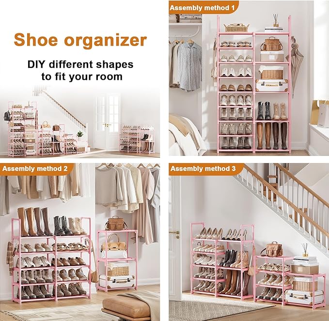 WOWLIVE 9 Tiers Shoe Rack Shoe Storage Shoe Organizer 30-35 Pairs Shoe Tower Unit Shelf Durable Metal Pipes with Plastic Connectors Stackable Cabinet Pink-NeatNest