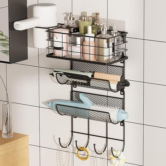 4 tiers Hair Dryer Holder Styling Tool Organizer Wall-Mounted Storage Wire Basket with Hook Heat Safe Rack for Hair-Straighteners,Curling Wands,Flat Iron,Perfume,Cabinet Door Bathroom