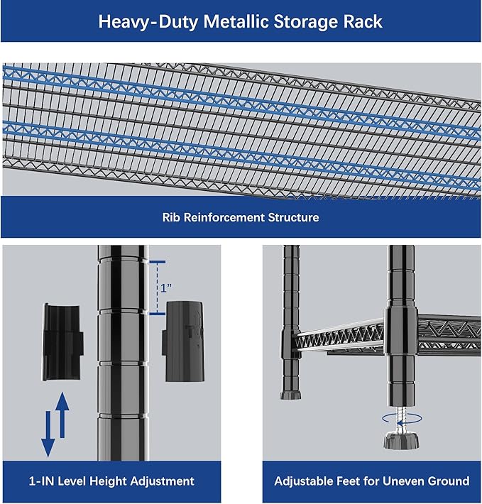 GIOTORENT 59.6" W x 24" D x 47.6" H Heavy Duty Storage Shelves, 2000LB Capacity Metal Shelving with 1IN Adjustable Height, Garage Shelving for Home, Warehouse & Commercial Use, Black