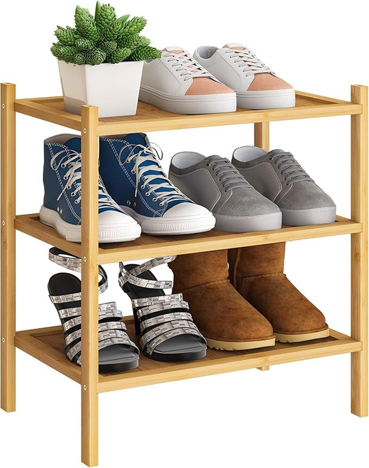 BMOSU 3-Tier Bamboo Small Shoe Rack Premium Stackable Shoe Shelf Storage Organizer for Hallway Closet Living Room Entryway Organizer(Natural)-NeatNest