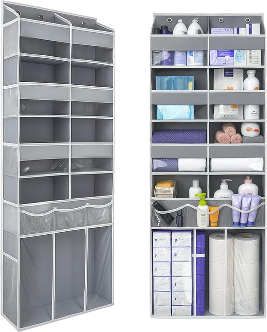 Extra Large Over The Door Organizer with Clear Pockets - 8 Compartments & XL Bottom Storage, Heavy-Duty Hanging Organizer for Bathroom, Bedroom, Closet (57 Inch Height,Grey).