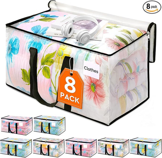 HomeHacks Clear Moving Bags Heavy Duty 8 Pack, Storage Bags with Zipper, Extra Thick Handles & Waterproof Packing Boxes for Moving, Camping, Home Organization 93L/24Gal (28.7"x14.2"x14")-NeatNest