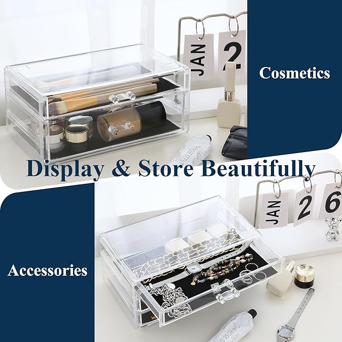 Sea Team Clear Makeup Organizer with Drawers, Acrylic Plastic Cosmetic Display Case, Jewelry Storage Box, Holder for Dresser, Bathroom, Vanity, Countertop (1 Large, 2 Small Drawers)-NeatNest