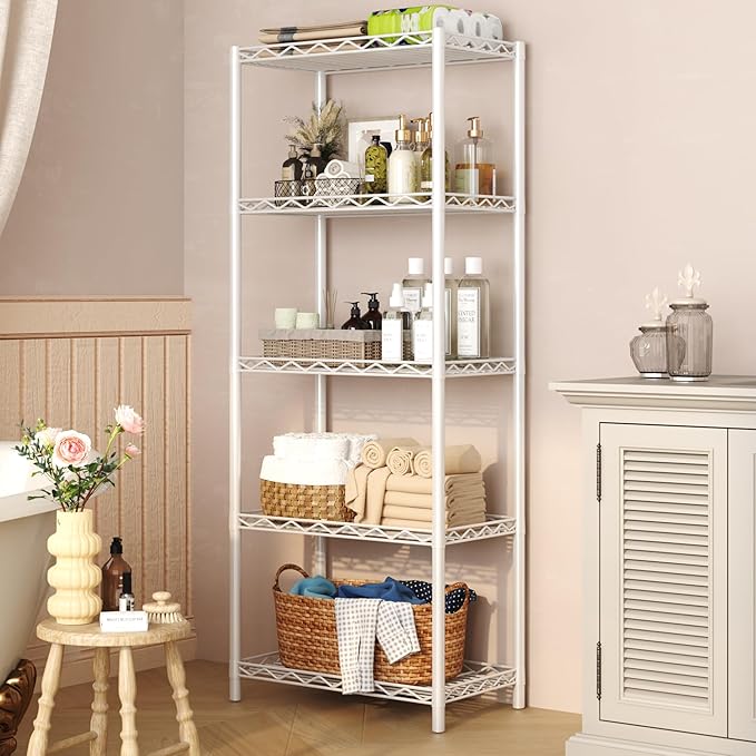 HOMEFORT 5-Tier Wire Shelving 5 Shelves Unit Metal Storage Rack Durable Organizer Perfect for Pantry Closet Kitchen Laundry Organization in White,21”Wx14”Dx61”H
