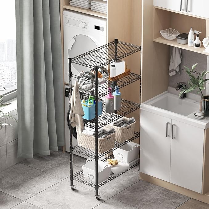Homdox 5 Tier Metal Storage Shelves with Wheels, Heavy Duty Wire Shelving Unit, Adjustable Storage Racks with Side Hooks for Bathroom Kitchen Garage Pantry Organization, Black-NeatNest