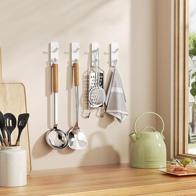 Self Adhesive Wall Hooks for Hanging: Stick on Hold 13 LB,Towel Hooks for Bathroom Kitchen, Shower Door Hanger for Coat, Metal, Stainless, White 6 Pack