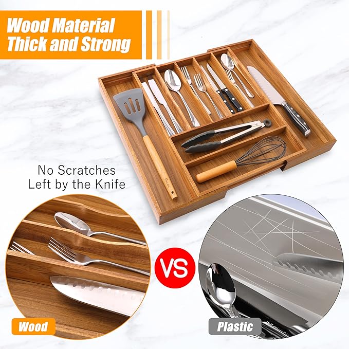 Bellsal Large Premium Acacia Wood Silverware Organizer - Expandable Utensil Drawer Organizer - 17"x19.6" Utensil Holder and Cutlery Tray with Grooved for Kitchen Flatware Utensils(7-9 Slot, Acacia)-NeatNest