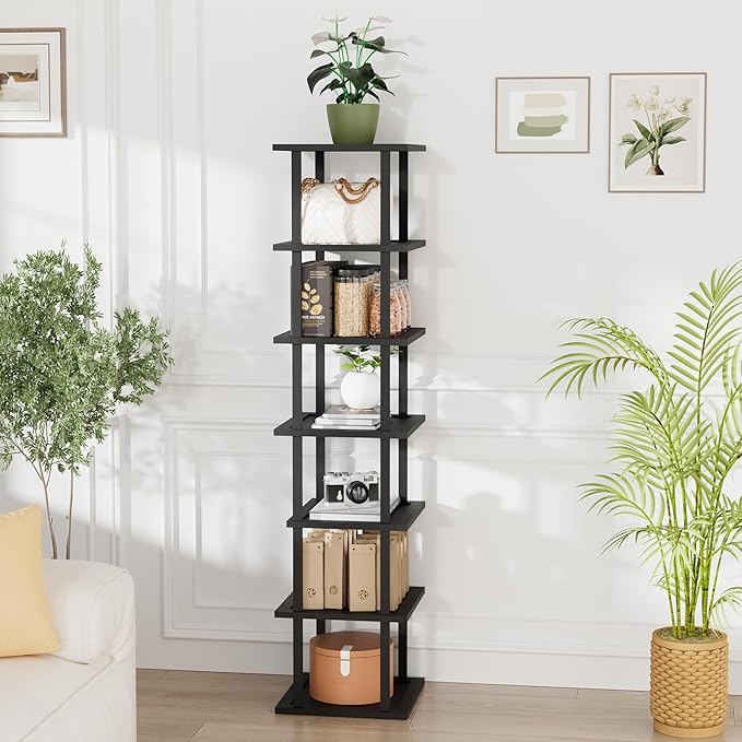 Vertical Tall Shoe Rack Organizer for Entryway -7 Tier Free Standing Slim Narrow Bamboo Wood Corner Stackable Shoe Boots Storage Stand Small Spaces for Closet Garage Cloakroom Living Room (Black)-NeatNest
