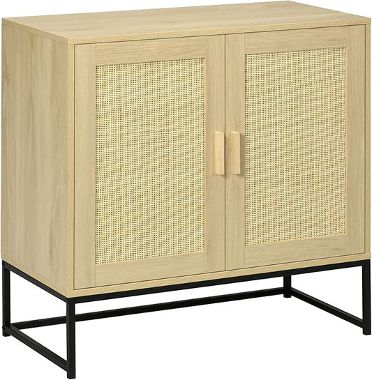 HOMCOM Accent Cabinet, Boho Storage Cabinet with Rattan Doors, Adjustable Shelf and Metal Base, Sideboard for Living Room, Kitchen, Natural