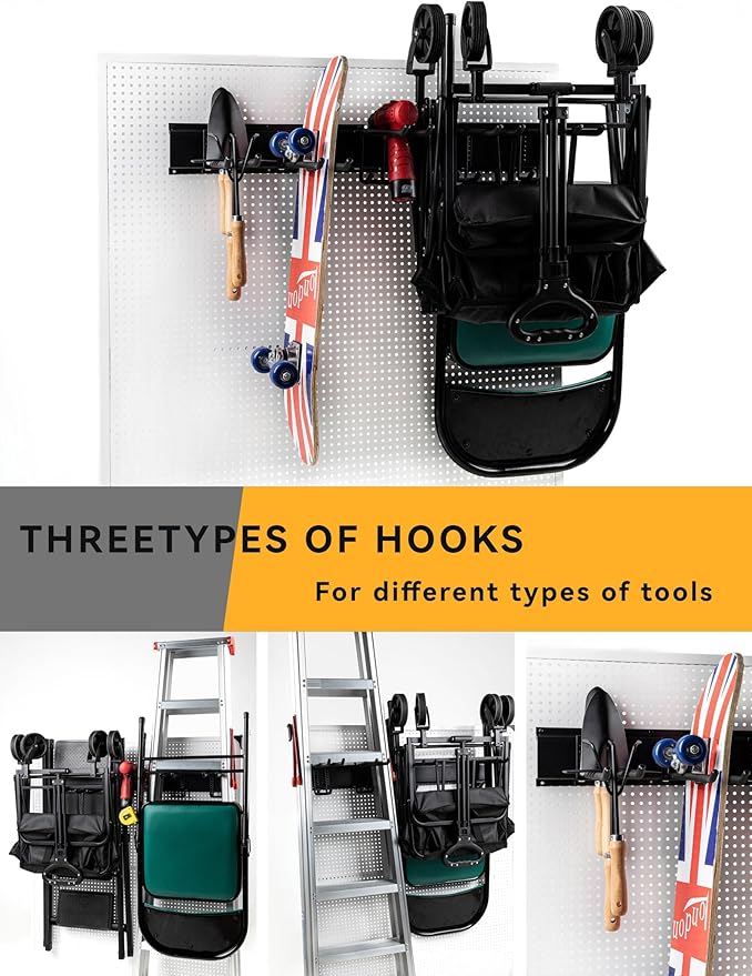 Wall Mount Garden Tool Organizer 68 Inches Max Load 730lbs Garage Storage, Garage Organization, Adjustable with 9 Heavy Duty Hooks and 4 Cable Ties, Yard Shed and Power Tool Organizer Rack