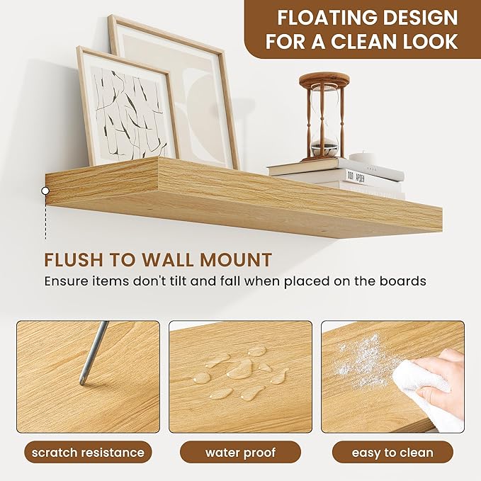 fuqing Floating Shelves for Wall, Bathroom Shelf Wall Mounted for Storage, Shelves with Invisible Bracket for Bedroom, Kitchen, Living Room, Farmhouse Small Book Shelf, 24 Inch Set of 2, Oak-NeatNest