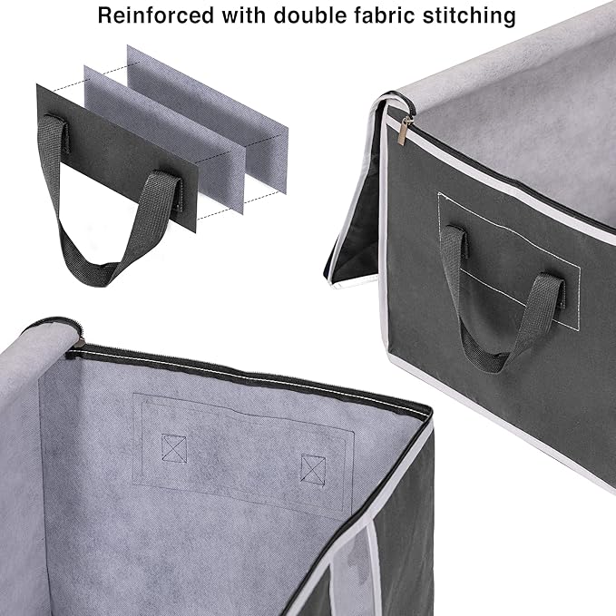 Clothes Storage Bag Organizer for, Blankets, Clothing, Comforters and Bedding Sets - Stackable with Zippers - Clear Window - 3 Pack Grey-NeatNest