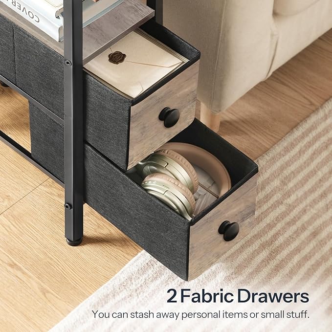 HOOBRO Narrow Side Table with LED Light and USB C Port, Night Stand with Charging Station, Skinny End Table with 2 Fabric Drawers, for Bedroom, Living Room, Greige and Black BG487UDBZ01
