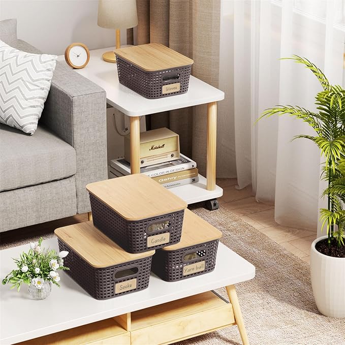 6-Pack Stackable Storage Bins with Bamboo Lids, Small 5 Qt Decorative Plastic Storage Baskets Boxes Containers with Labels for Organizing Shelves Classroom Closet Office Bathroom, Brown-NeatNest