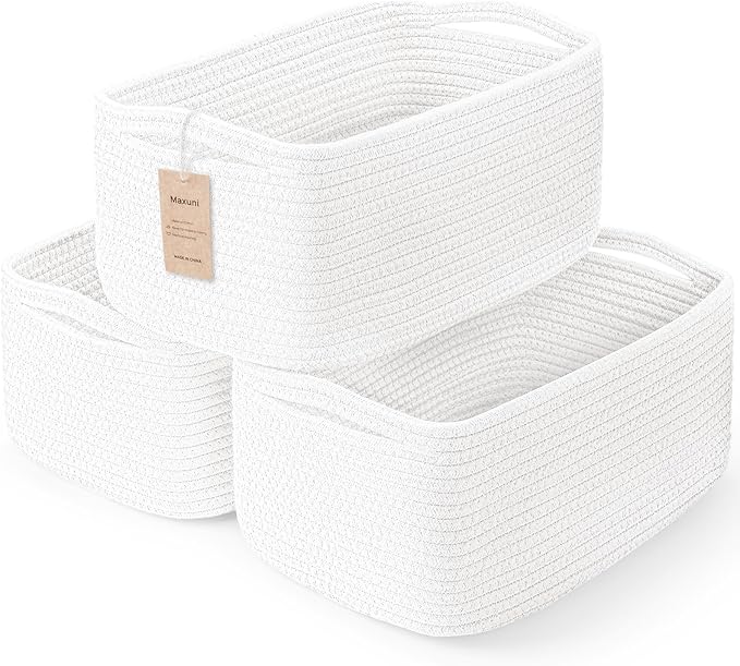 3-Pcs Shelf Baskets for Organizing, Closet Organizer Bins, Small Woven Baskets, Rope Toy Basket, Storage Basket for Shelves, Cube Decorative Box, 11.8×7.8×5.1”, White-NeatNest