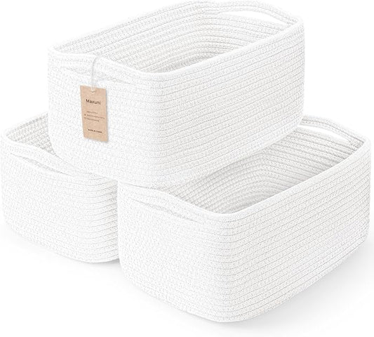 3-Pcs Shelf Baskets for Organizing, Closet Organizer Bins, Small Woven Baskets, Rope Toy Basket, Storage Basket for Shelves, Cube Decorative Box, 11.8×7.8×5.1”, White-NeatNest