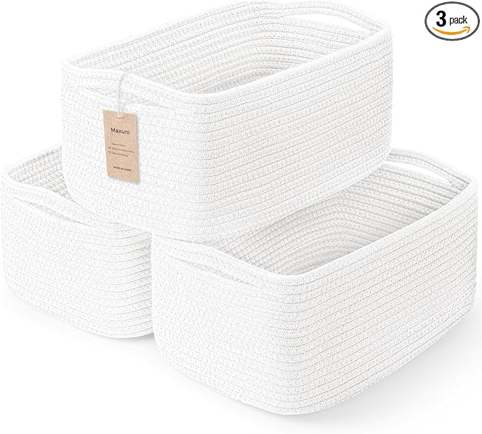 3-Pack Storage Baskets for Organizing | Woven Shelf Toy Basket | Rope Baskets for Gifts Empty | Closet Organizer Bins with Handles | Cube Decorative Box | 13.7×7.1×6.7” | White-NeatNest