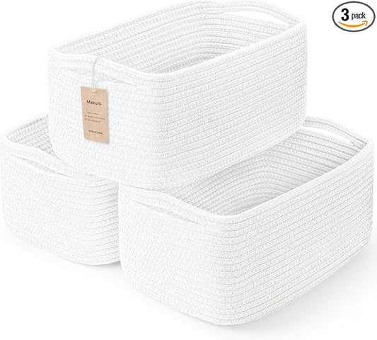 3-Pack Storage Baskets for Organizing | Woven Shelf Toy Basket | Rope Baskets for Gifts Empty | Closet Organizer Bins with Handles | Cube Decorative Box | 13.7×7.1×6.7” | White-NeatNest