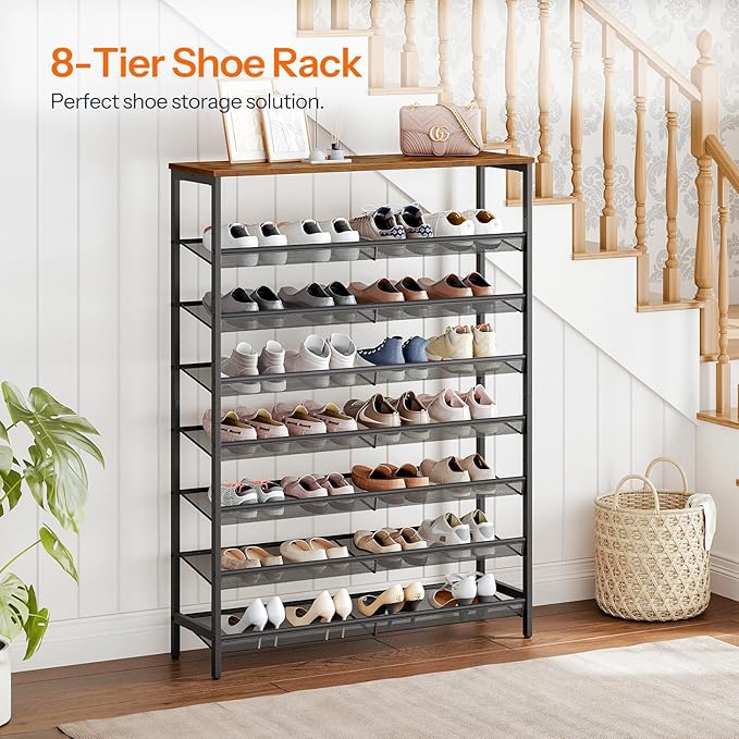 HOOBRO 8 Tier Shoe Rack, 39.4"L Shoe Shelf, Large Capacity Shoe Storage Organizer for 30+ Pairs of Shoes, Front Door Entrance, Entryway, Hallway, Closet, Space Saver, Rustic Brown and Black BF118XJ01-NeatNest