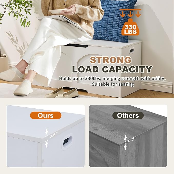 39.4" Storage Chest, Wooden Storage Bench Trunk, Upgraded Safety Lift Support Hinge, Large Entryway Bench Box, Supports 330 lb U-Shaped Opening for Entryway, Hallway, Living Room, White