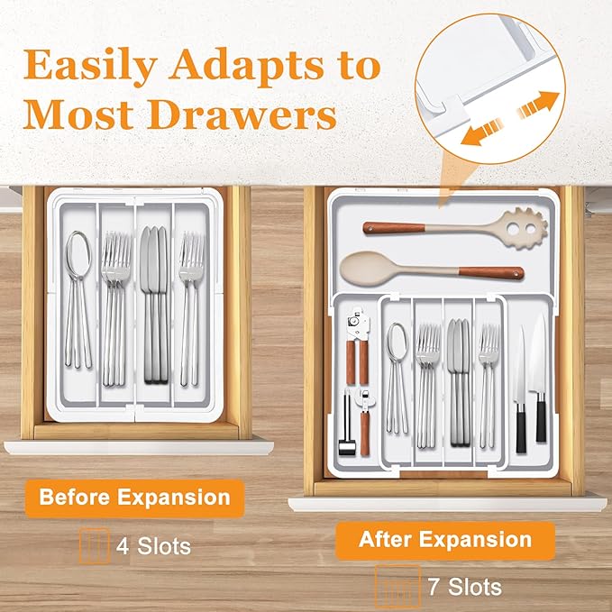 Homecor Silverware Drawer Organizer, Adjustable Kitchen Drawer Organizer, Expands from 4 to 7 Slots, Non-Slip BPA-Free Flatware Cutlery Utensil Holder for Forks Knives Spoons and Kitchen Utensil,White-NeatNest