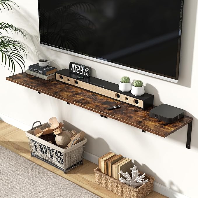 Fun Memories Rustic Brown 12 Inch Deep Floating Shelves Set of 2, Wall Mounted Shelf with Metal Brackets, Rustic Wood Wall Shelf for Bathroom, Kitchen and Living Room-NeatNest