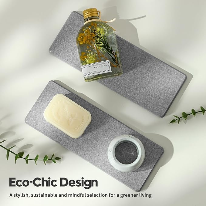 2PCS Bathroom Counter Vanity Trays, Water Absorbing Diatomite Stone Quick Drying Mat for Kitchen Sink Counter, Dish Rack Soap Dispenser Sponge Holder Caddy Organizer, Light Gray, 9"x 3.5"-NeatNest